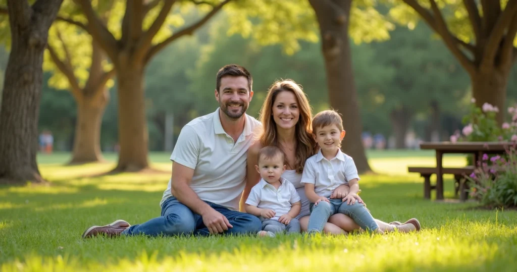 Family of four having an outdoor photoshoot in a lush Austin park with trees and sunlight