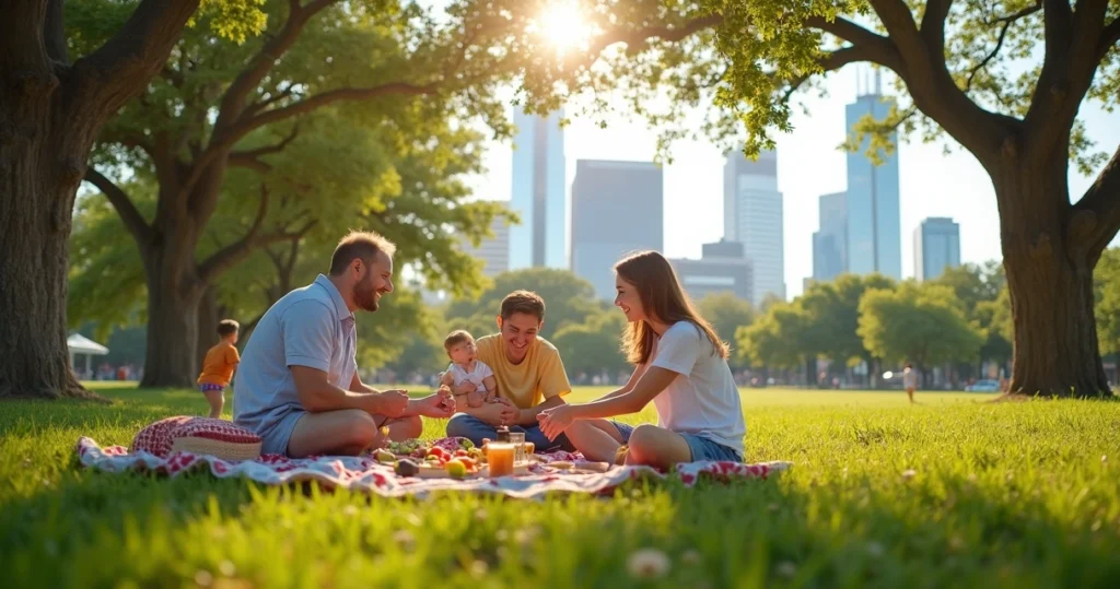Family enjoying a picnic on green grass with Austin skyline in background