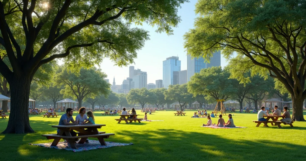 Family enjoying a picnic under large shady trees in a clean Austin city park