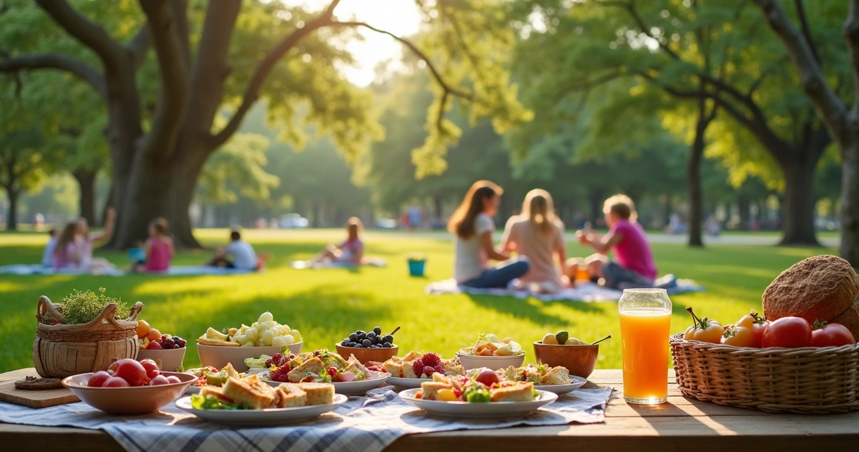 Family picnic setup on a vibrant green park lawn with wooden picnic table, basket, fresh fruits, sandwiches, and beverages under sunny blue sky