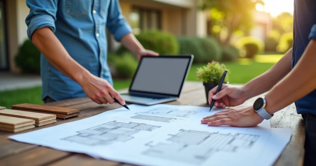 Two professionals reviewing landscape project plans outdoors with laptop and samples