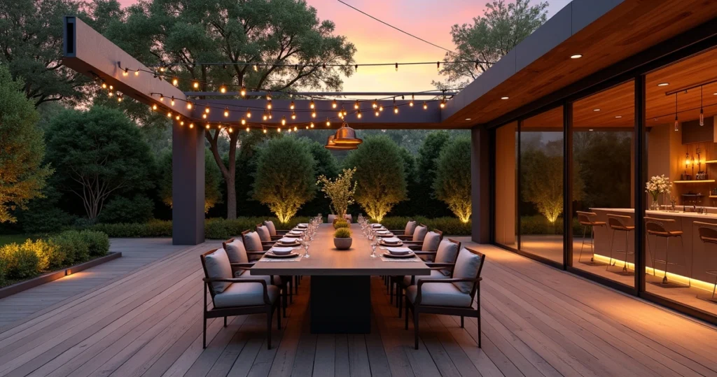 Luxury backyard dining area with modern wooden deck, stylish outdoor furniture, pergola, and ambient lighting at sunset