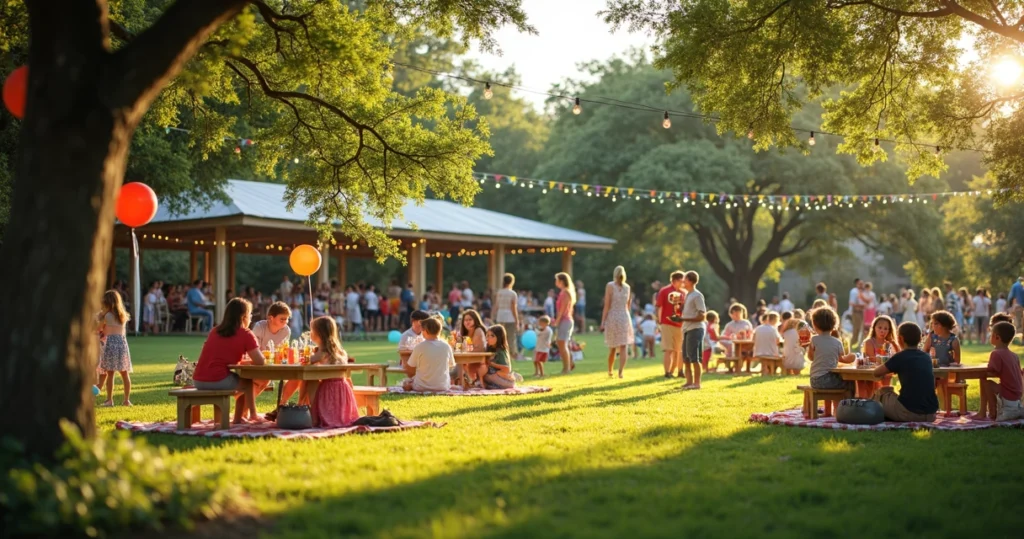Family celebrating a birthday party outdoors in a spacious Austin park with colorful decorations and picnic setup
