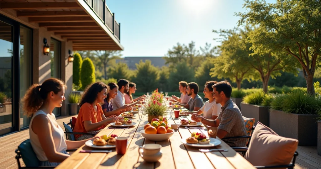 Outdoor brunch table with family and friends on sunny Austin patio with greenery and stylish decor