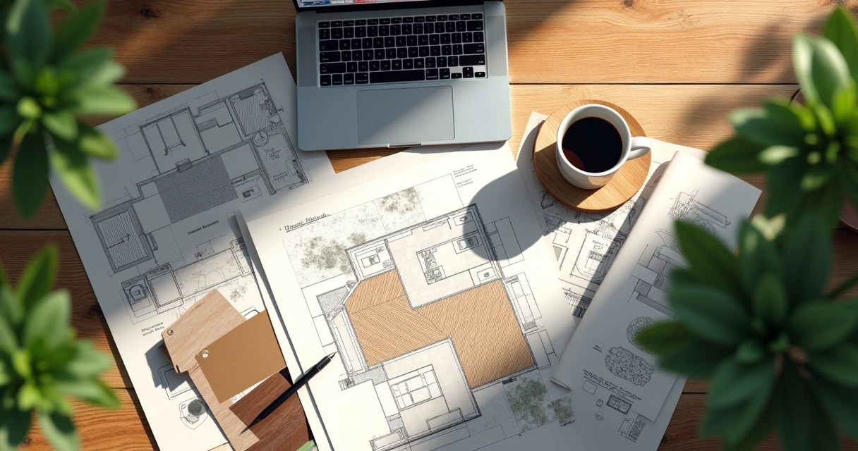 Top view of an outdoor workspace with architectural sketches, color swatches, and laptop on wood table