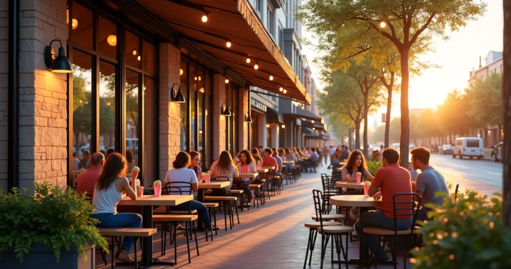 Ice cream shop outdoor patio with tables, customers enjoying desserts under string lights