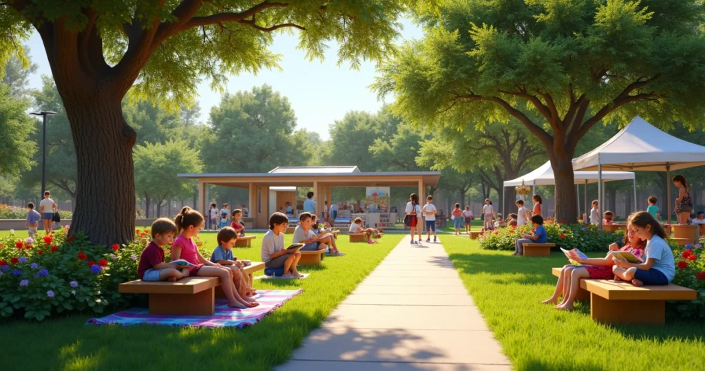 Children and adults reading books outdoors in a sunlit community park surrounded by greenery and benches