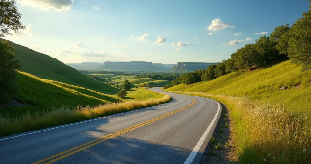 Winding scenic country road surrounded by lush green hills and blue sky