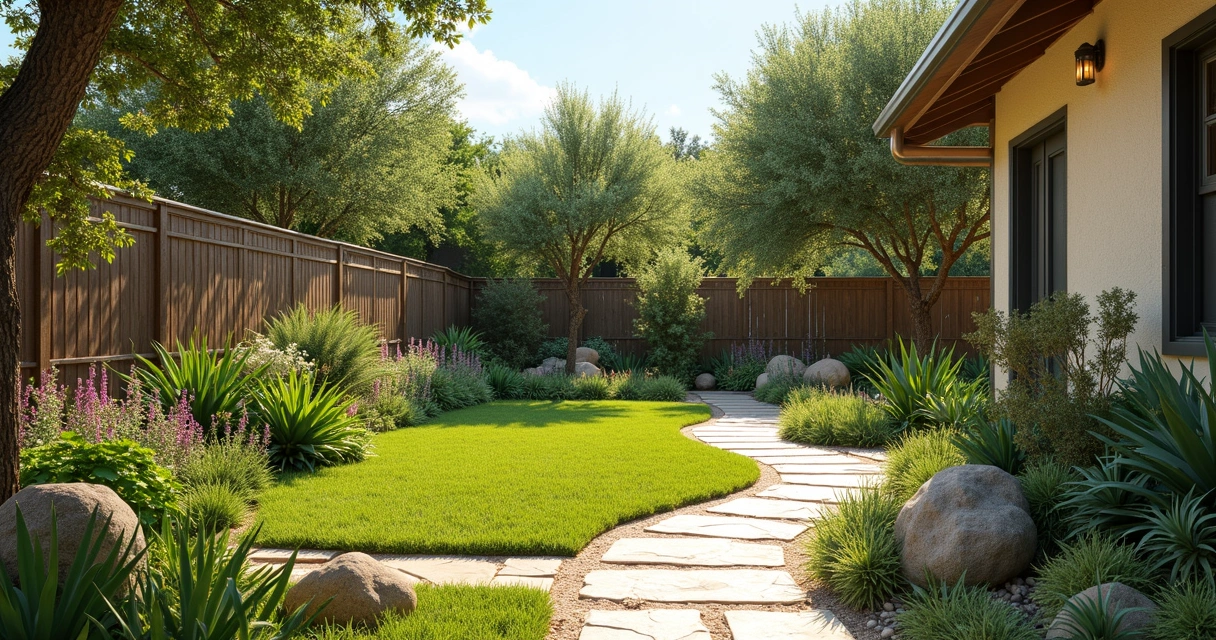 Residential Texas yard with a variety of drought-tolerant and native plants under bright sunlight