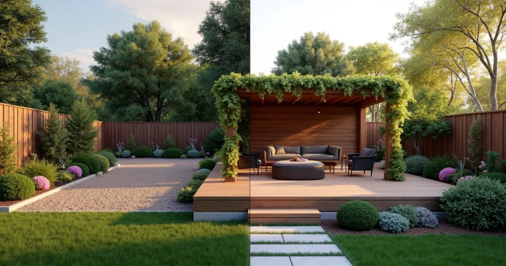 Side-by-side view of a residential yard, left with bare ground and simple grass, right with completed modern 3D landscape including wooden deck, pergola, seating area, lush plants, and subtle lighting