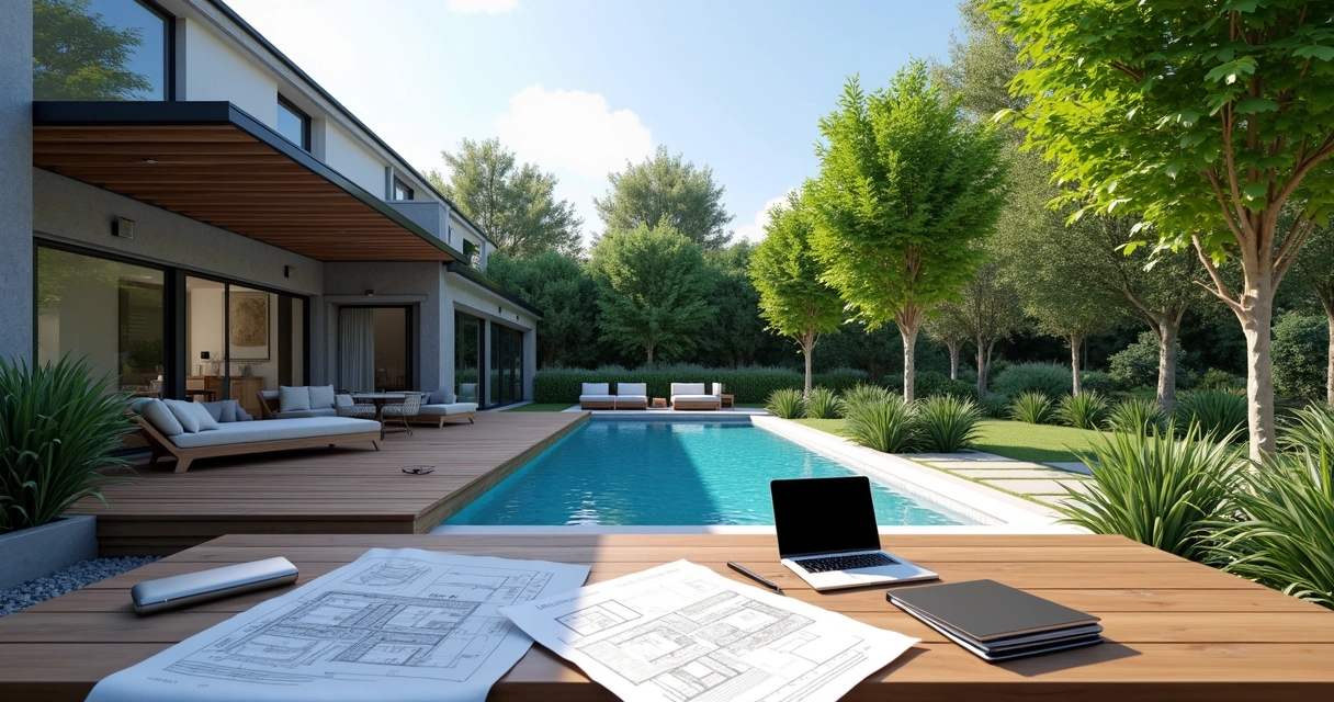3D landscape design rendering showing modern backyard with patio, pergola, pool, and garden