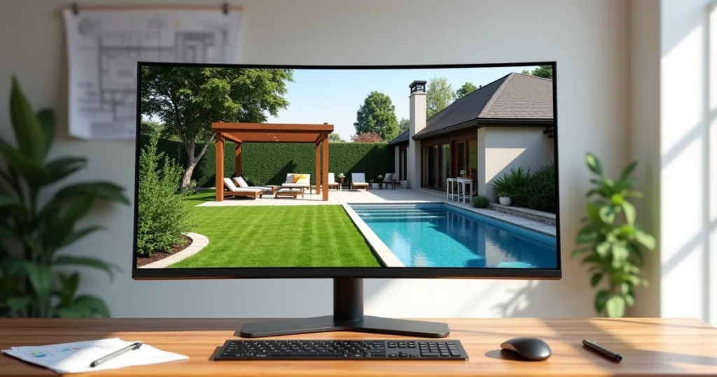 High-resolution 3D landscape design software on a modern desktop with a detailed backyard model on screen