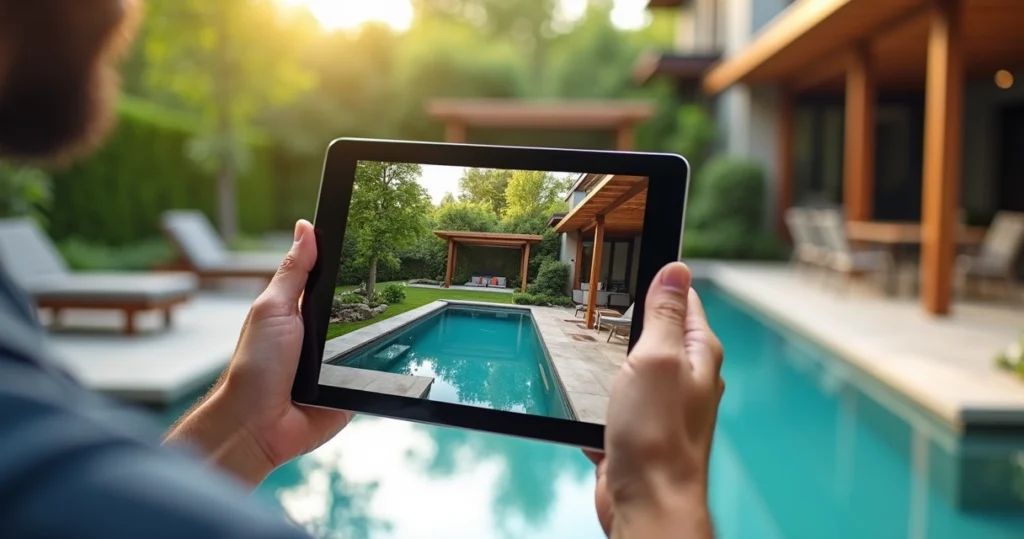 3D digital landscape design rendering on a tablet showing modern backyard with pool and pergola