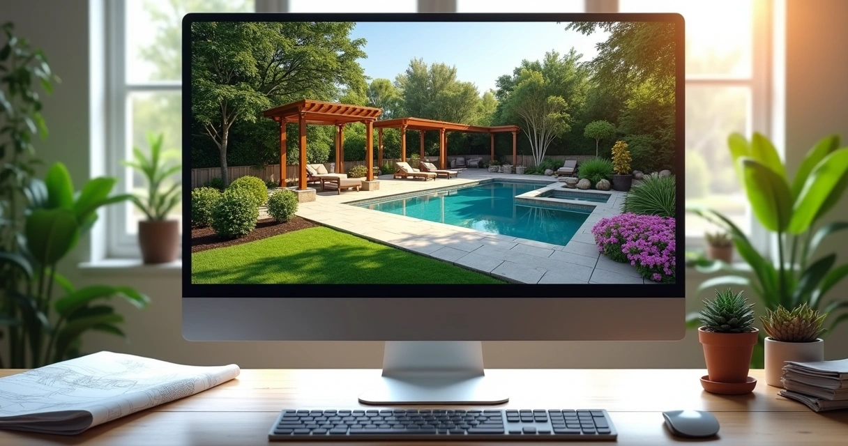 High-resolution 3D landscape design on computer screen with architectural drawings and tools on desk