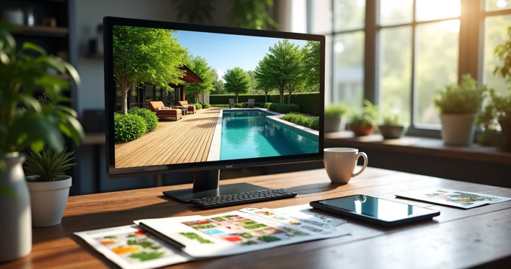 3D landscape design displayed on a computer screen with a digital garden model and color swatches on a desk