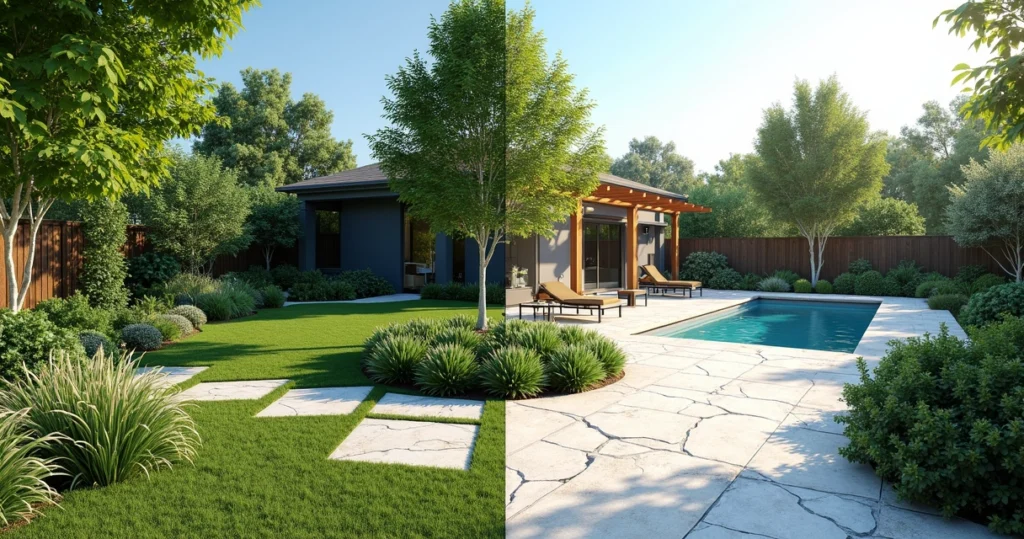 Split view of a garden showing a poorly planned landscape with plant overcrowding and uneven hardscape on one side and a well-designed 3D landscape plan on the other