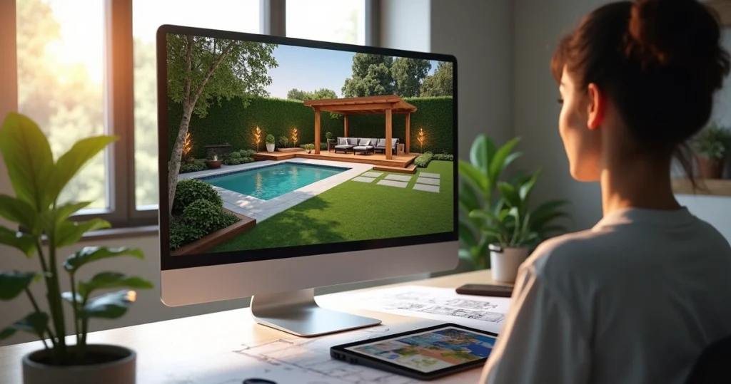 Person viewing a detailed 3D backyard landscape design on a high-resolution monitor