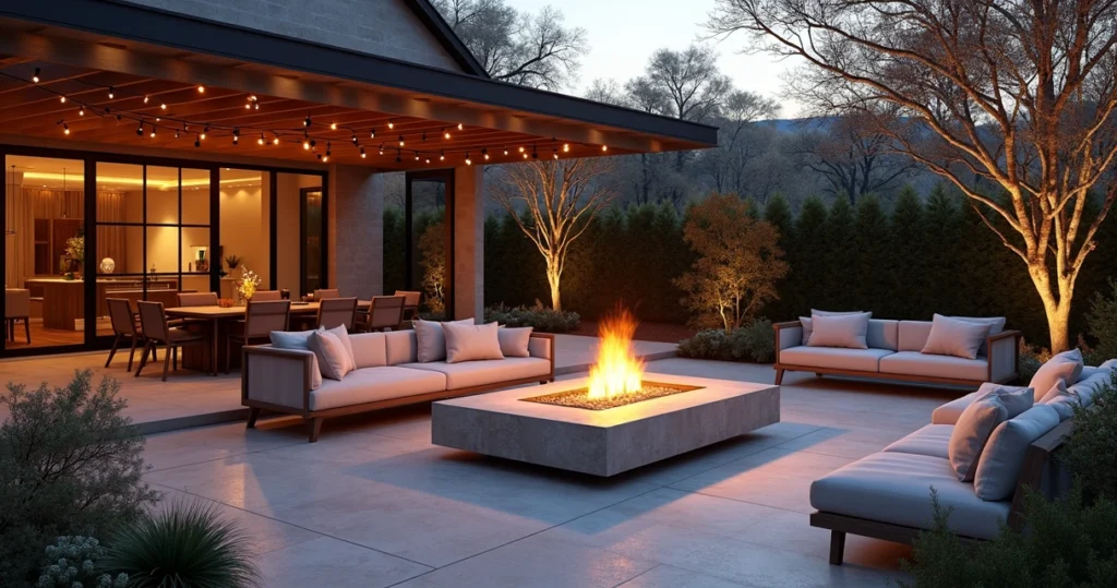 Cozy modern outdoor patio in Austin with fire pit, warm lighting, and hardy plants for winter