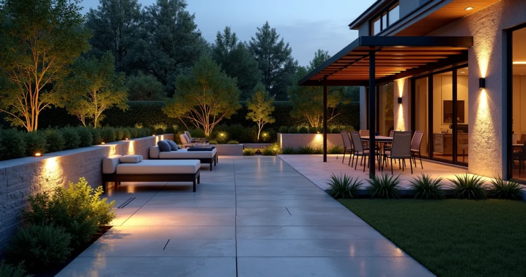 Sophisticated modern patio illuminated by warm outdoor landscape lighting at dusk