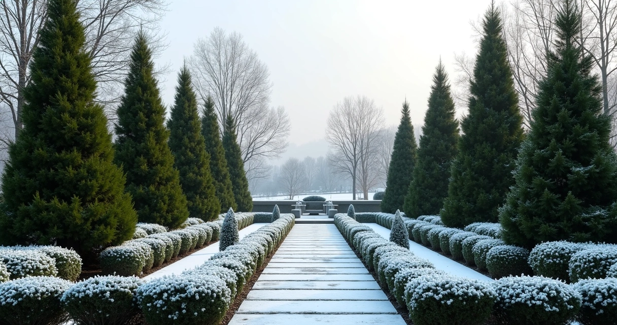 Winter garden with tall evergreen trees and shrubs covered lightly with snow, showcasing structural form in a serene outdoor setting