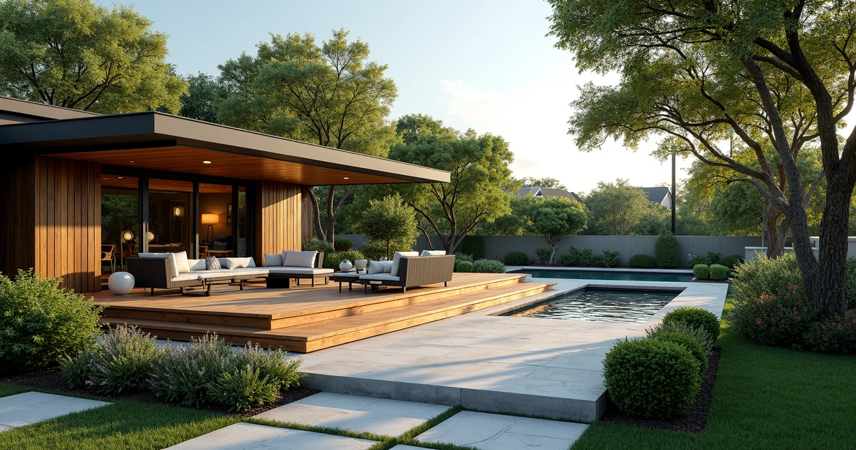 Modern luxury backyard in Austin with lush greenery, wooden deck, and stylish outdoor seating area
