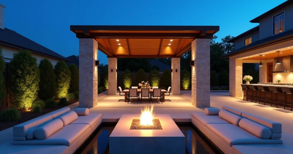 Modern luxury outdoor living area with pergola, fire pit, and outdoor kitchen under twilight sky