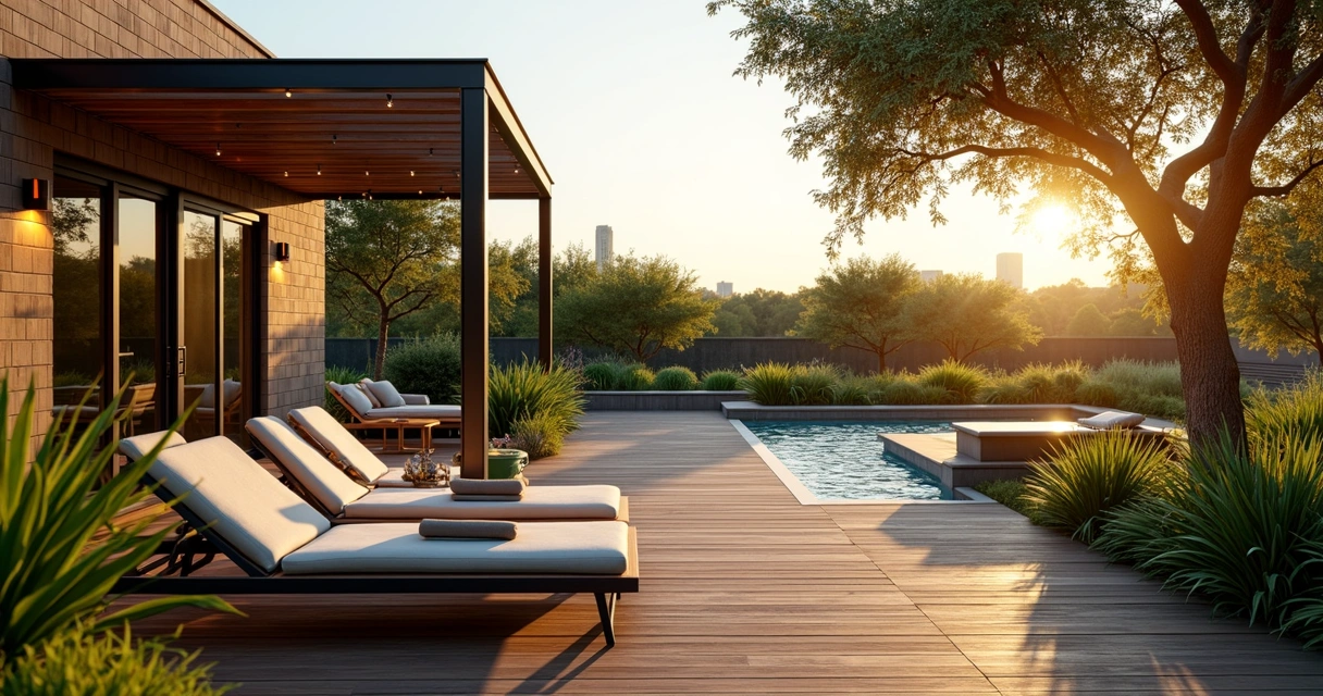 Modern outdoor patio with stylish seating and lush landscaping at an Airbnb rental in Austin