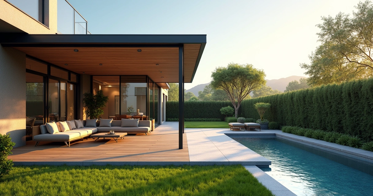 Modern backyard with wooden deck, stone patio, pergola, and outdoor seating area