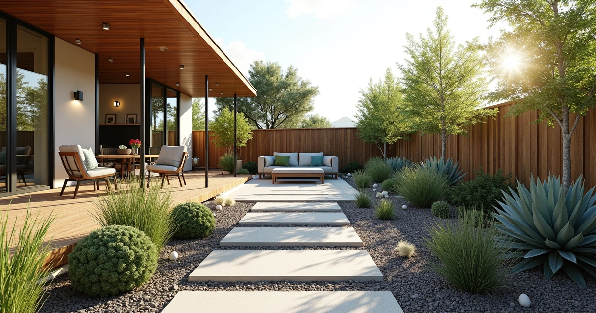 Modern low-maintenance garden with drought-tolerant plants and stone pathways