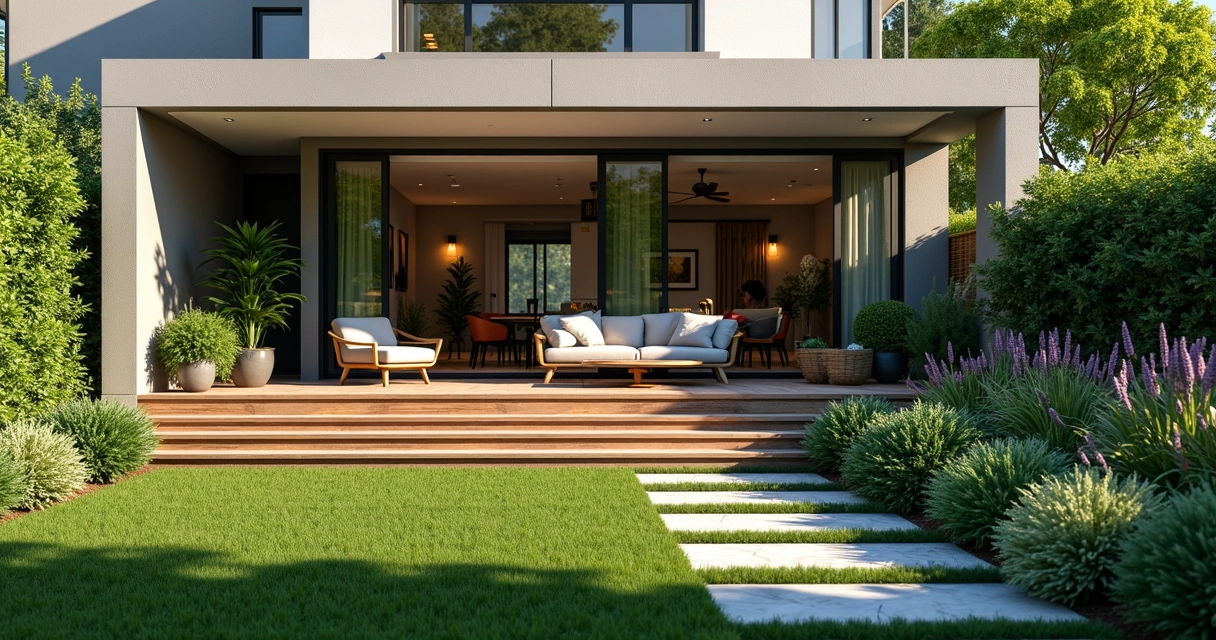 Modern rental property outdoor patio with landscaped garden and seating areas