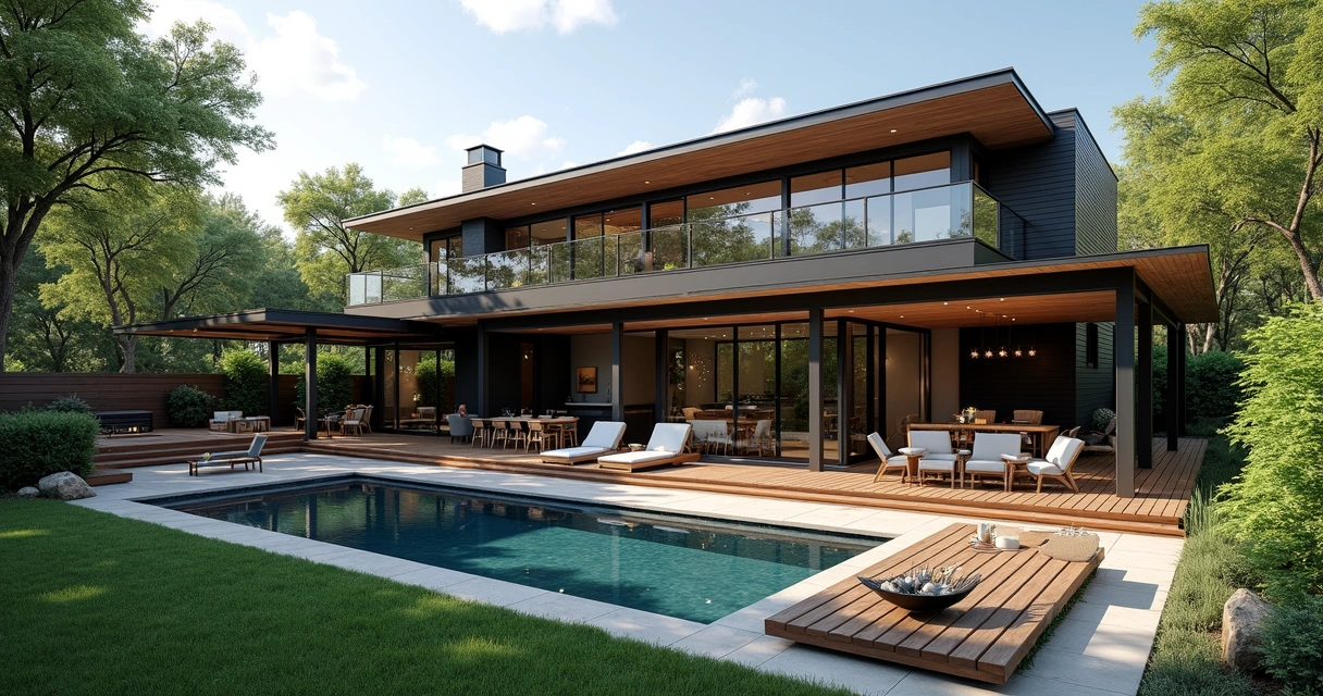 Modern spec home exterior with stylish landscaping, wooden deck, pergola, pool, and lush greenery in Austin
