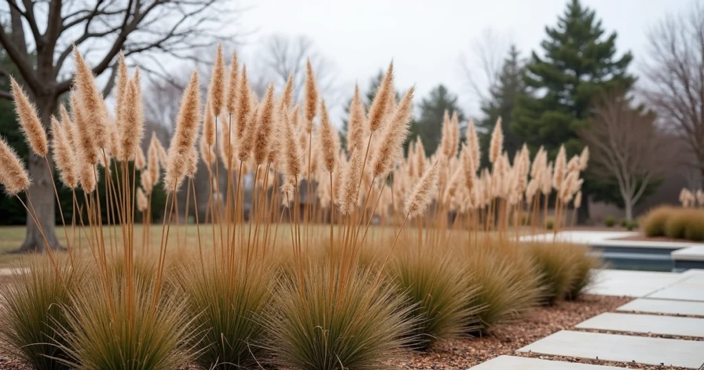 Ornamental grasses with golden stems swaying in gentle breeze in an Austin garden during winter