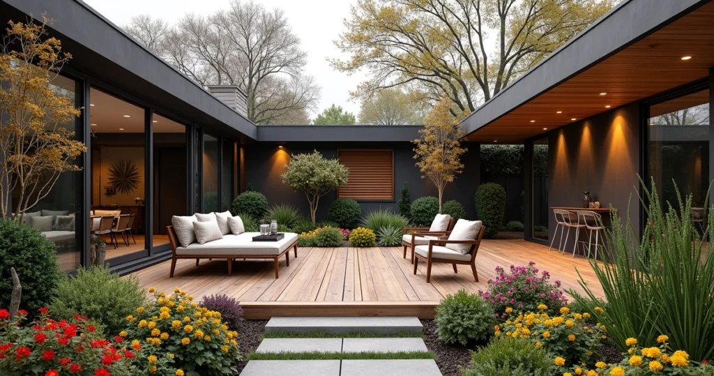 Colorful winter garden in Austin with blooming plants and vibrant flowers around a modern patio