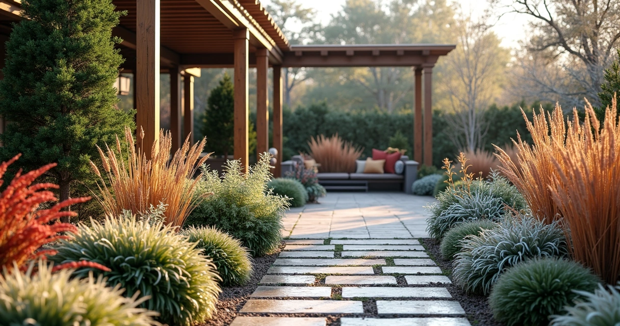 Vibrant winter garden with frost resistant plants and evergreen shrubs in Austin backyard