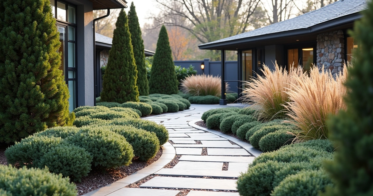 Winter garden borders with hardy evergreen shrubs and ornamental grasses along a stone pathway in a modern outdoor space