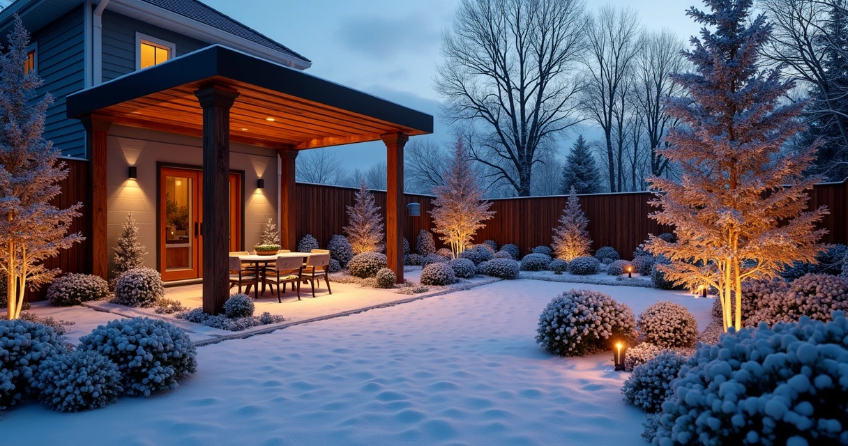 Winter garden at dusk illuminated by warm seasonal garden lighting with modern pergola and snow-covered plants