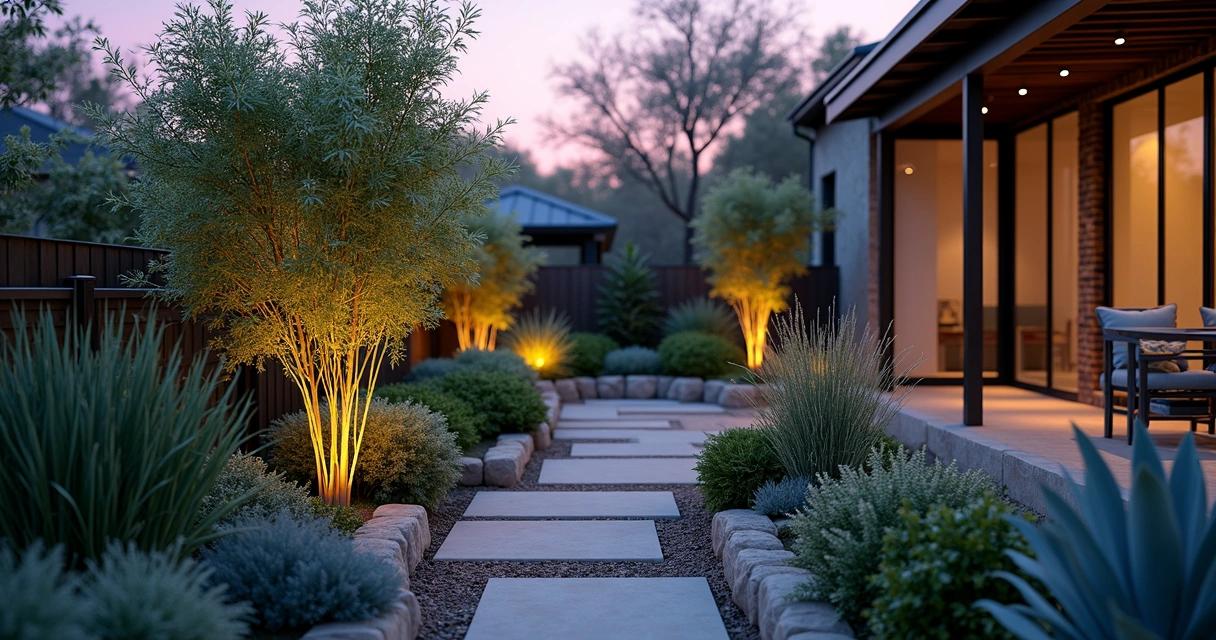 Close-up of Austin landscape plants with winter protection covering at dusk