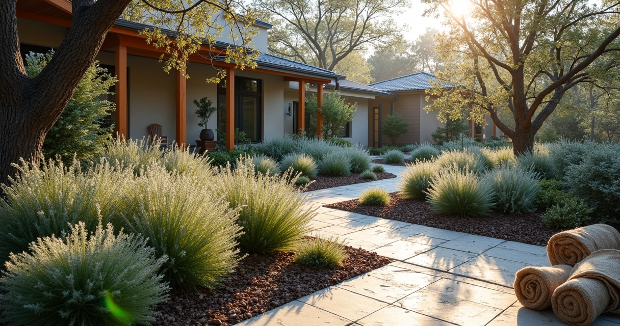 Close-up of popular Austin landscape plants with winter frost and protective mulch