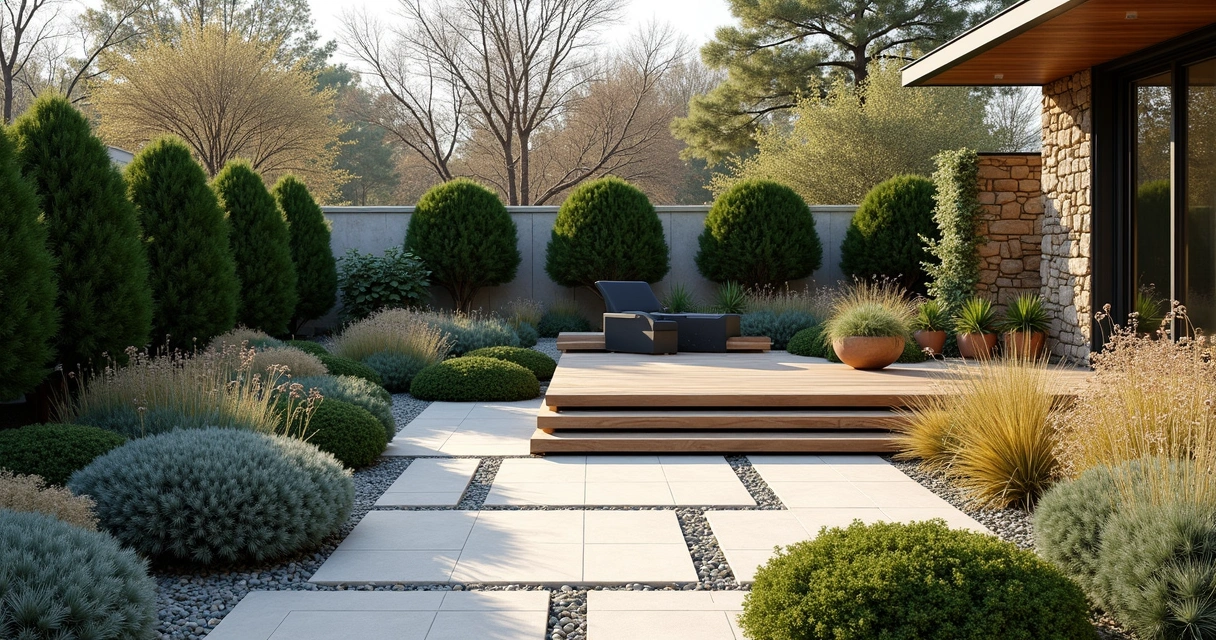 Elegant cold-resilient garden with evergreen shrubs, textured plants, and a mix of colors in Central Texas