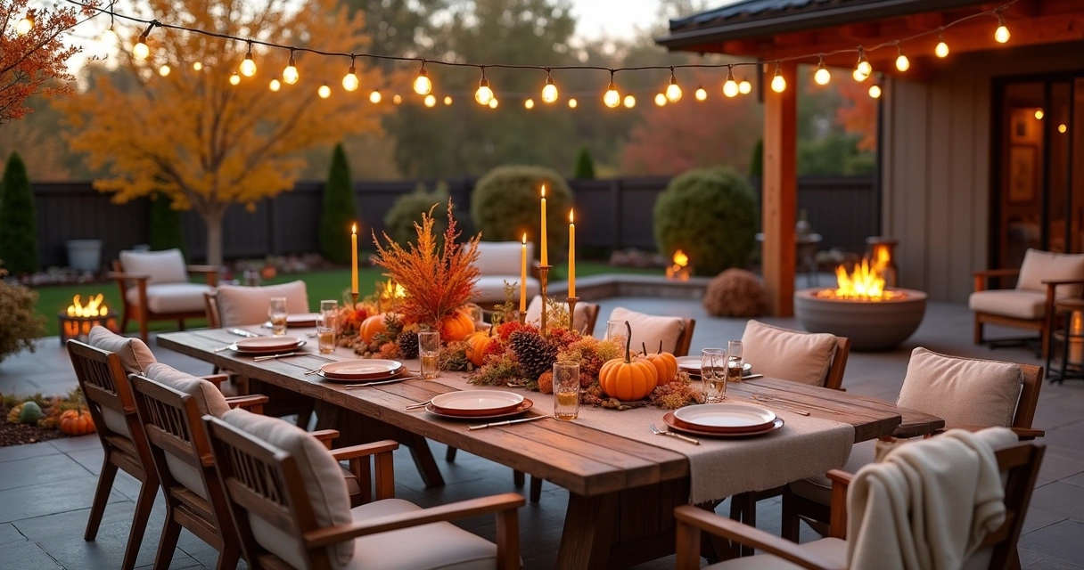 Beautiful outdoor patio decorated for Thanksgiving with warm fall accents and cozy seating