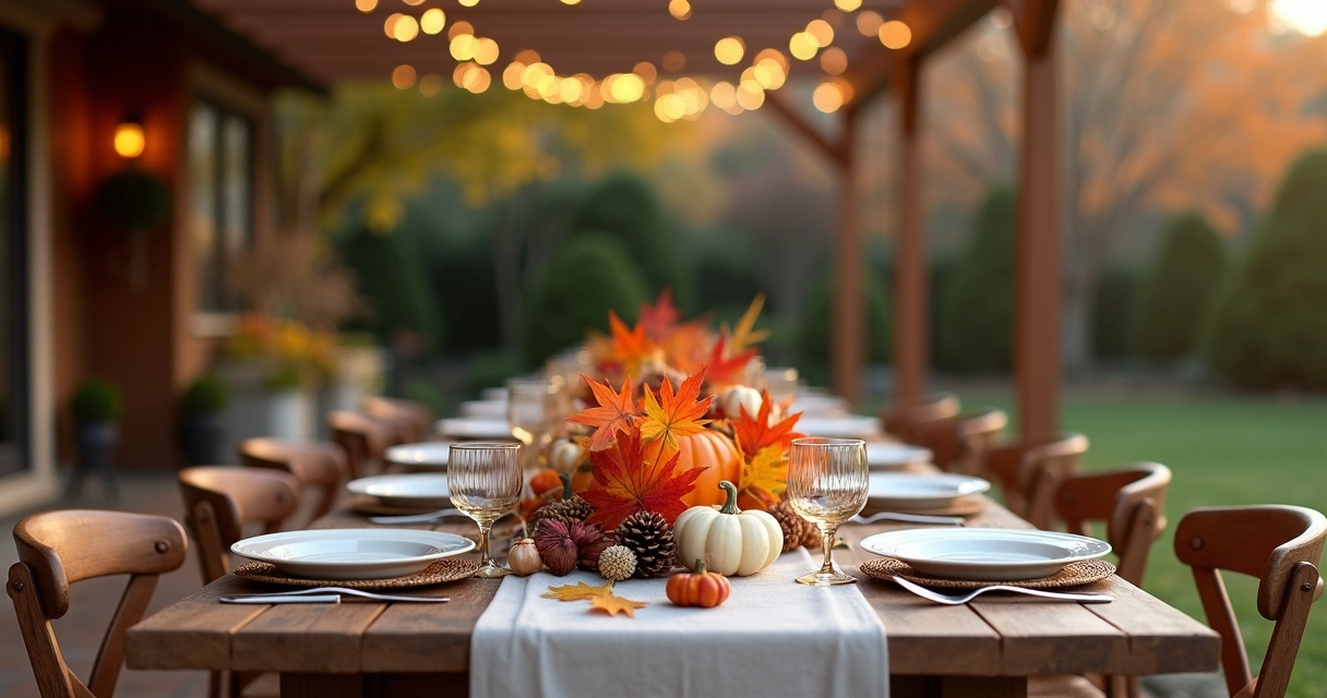 Outdoor dining table set with elegant fall-themed Thanksgiving decor and warm lighting