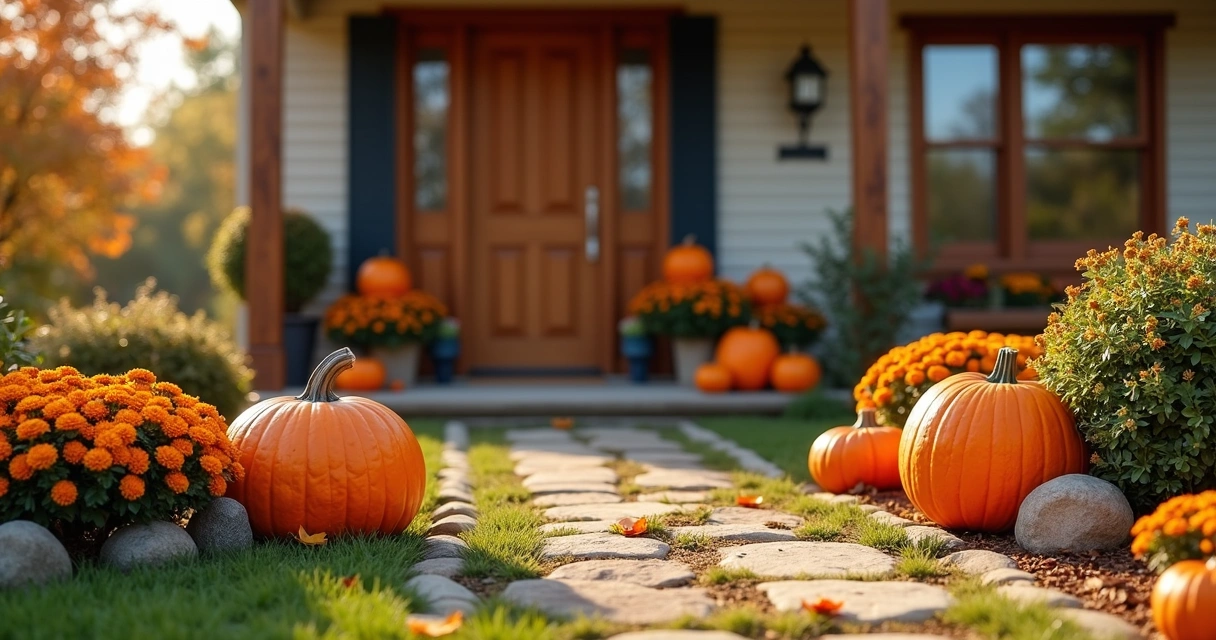 Front yard with fall landscaping featuring pumpkins, orange mums, and a welcoming wooden porch