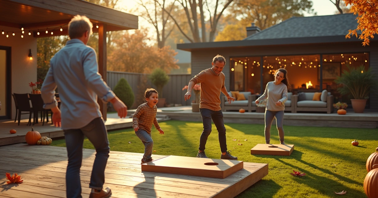 Family playing Thanksgiving backyard games in a designed outdoor space with autumn decor