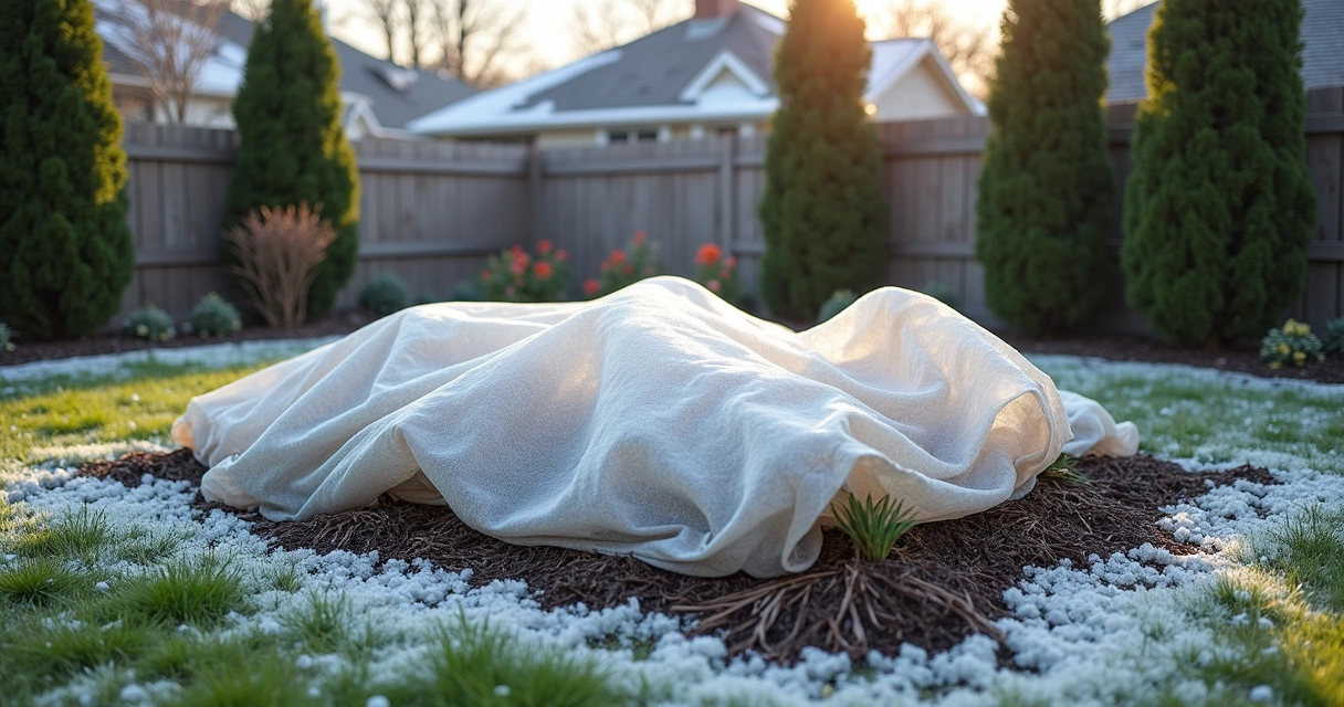 Winter garden bed covered with frost cloth and mulch in a suburban backyard