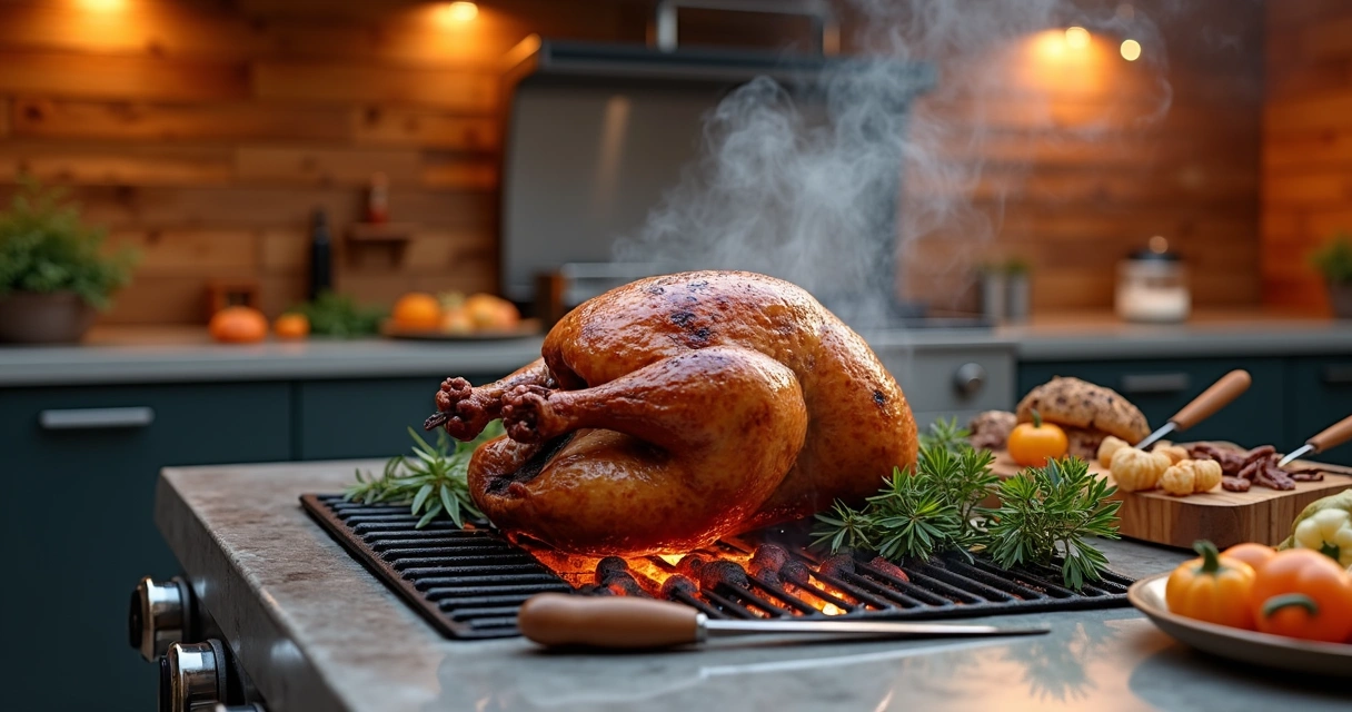 Grilled Thanksgiving turkey on an outdoor grill with smoke and glowing coals