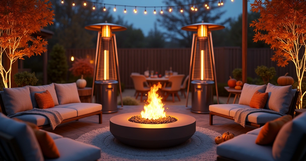 Outdoor Thanksgiving patio with modern fire pit and patio heaters surrounded by comfortable seating under warm lighting