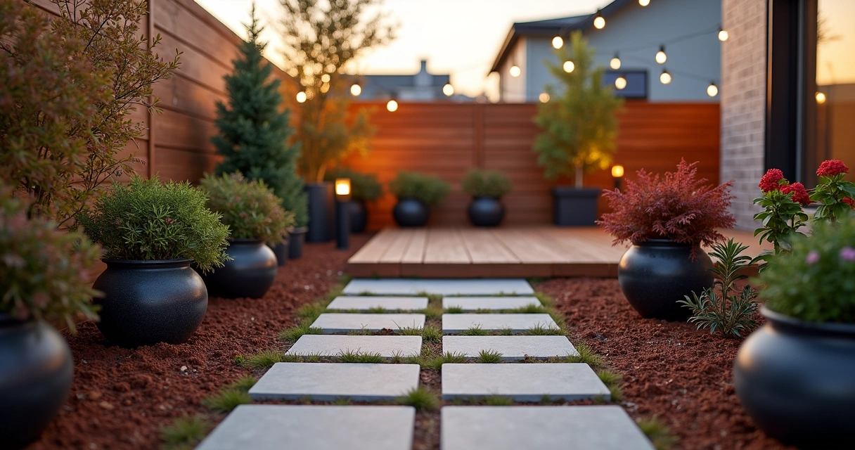 Cozy urban garden patio with winter plants, warm lighting, and mulch-covered soil