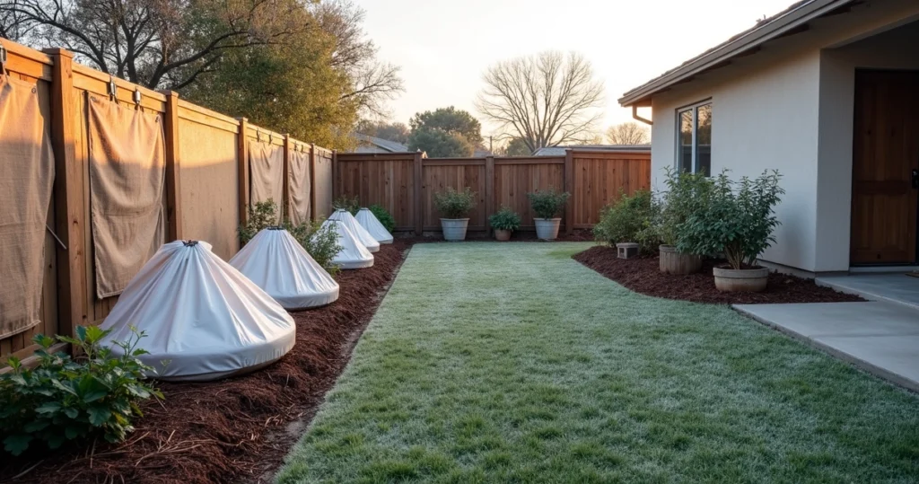 Home garden in Austin covered with frost cloth and mulch before a hard freeze