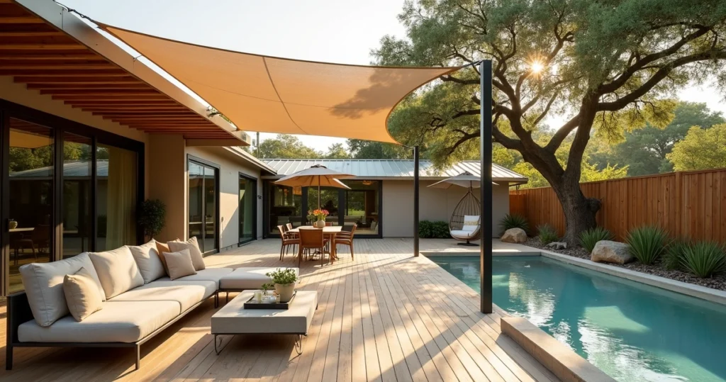 Modern Austin backyard with multiple shade structures and seating