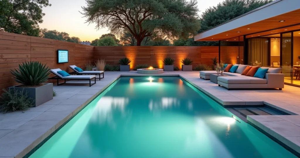 Modern Austin backyard with smart pool technology at sunset